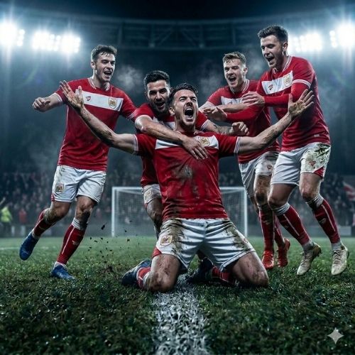 an image of an image of a footballer who just scored a goal and his other team rejoicing at the pitch.