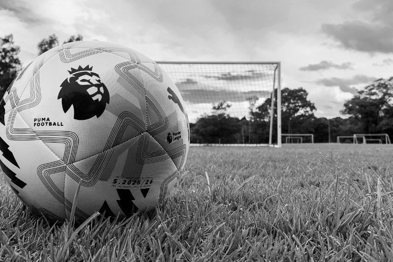 A close up shot of a Premier League ball in front of a goal net