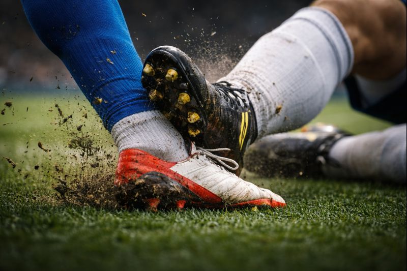 Close-up of a football slide tackle showing a player’s studs-up boot colliding with an opponent’s shin and ankle, with grass and dirt flying from the pitch.