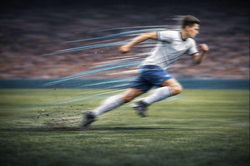 Stylised, semi-abstract image of a footballer sprinting across the pitch, using motion blur and graphic lines to represent pace and acceleration.