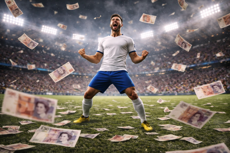 A football player surrounded by falling cash