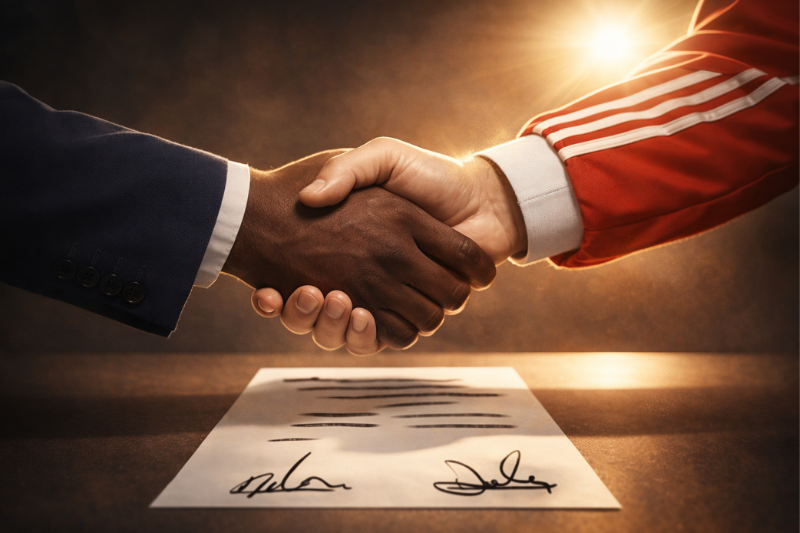 Manager and player shaking hands over a contract