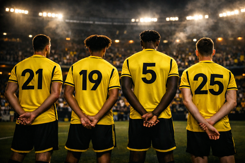 4 Footballers Stood in a Line in a football stadium