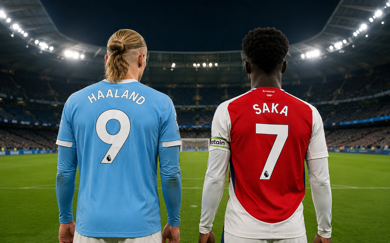 Carabao Cup promotional image showing two footballers from behind in sky-blue and red-and-white kits standing inside a modern football stadium with a dramatic matchday atmosphere and illuminated stands.