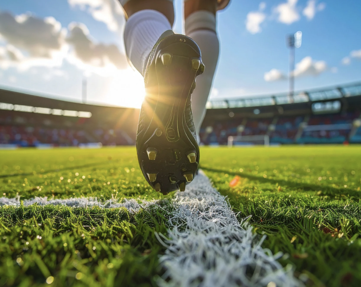 Premier League Football Pitch with football shoe in focal point