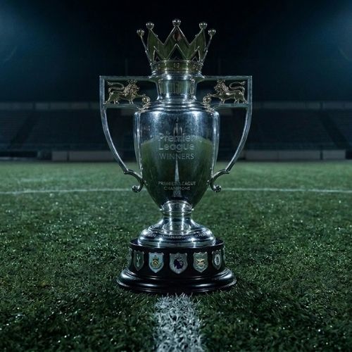 a dark themed image of a football championship cup in a football field
